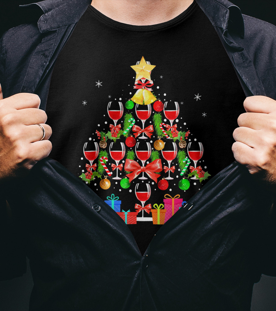 Wine Glass Christmas Tree With Gifts And Decorations T-Shirt