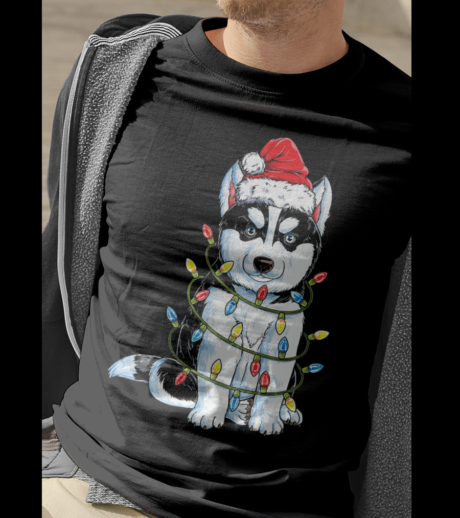 Siberian Husky Wrapped In Christmas Lights With Santa Hat T-Shirt