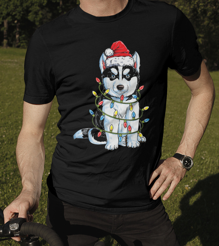 Siberian Husky Wrapped In Christmas Lights With Santa Hat T-Shirt