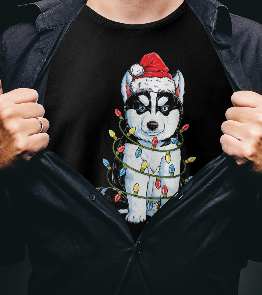 Siberian Husky Wrapped In Christmas Lights With Santa Hat T-Shirt