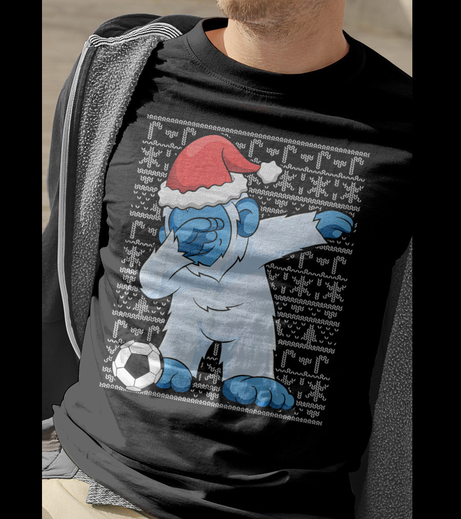 Dabbing Abominable Snowman Santa With Soccer Ball Holiday Ugly T-Shirt