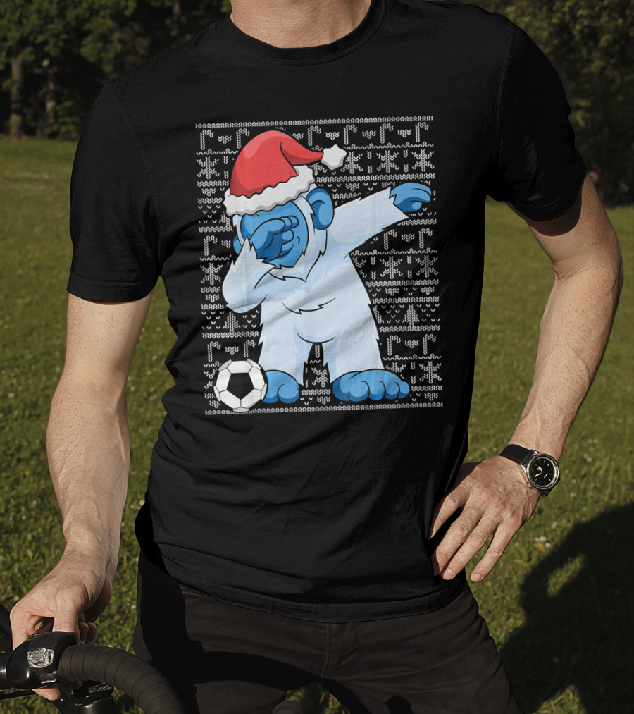 Dabbing Abominable Snowman Santa With Soccer Ball Holiday Ugly T-Shirt