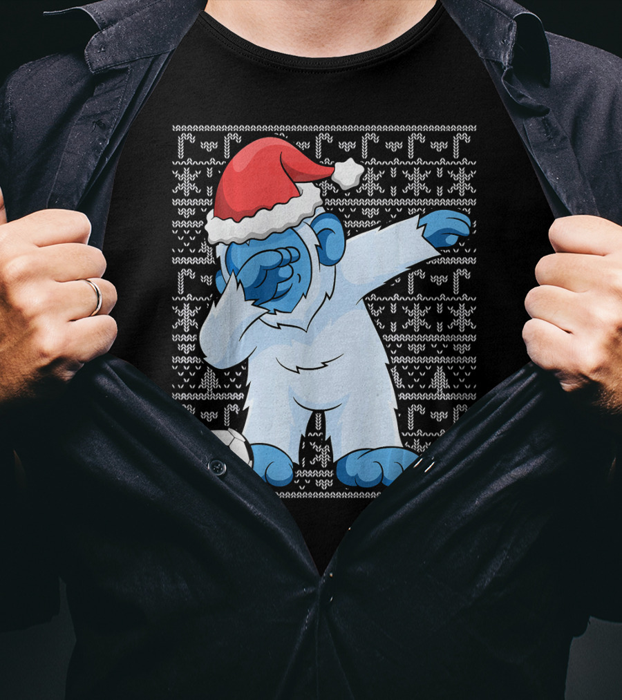 Dabbing Abominable Snowman Santa With Soccer Ball Holiday Ugly T-Shirt