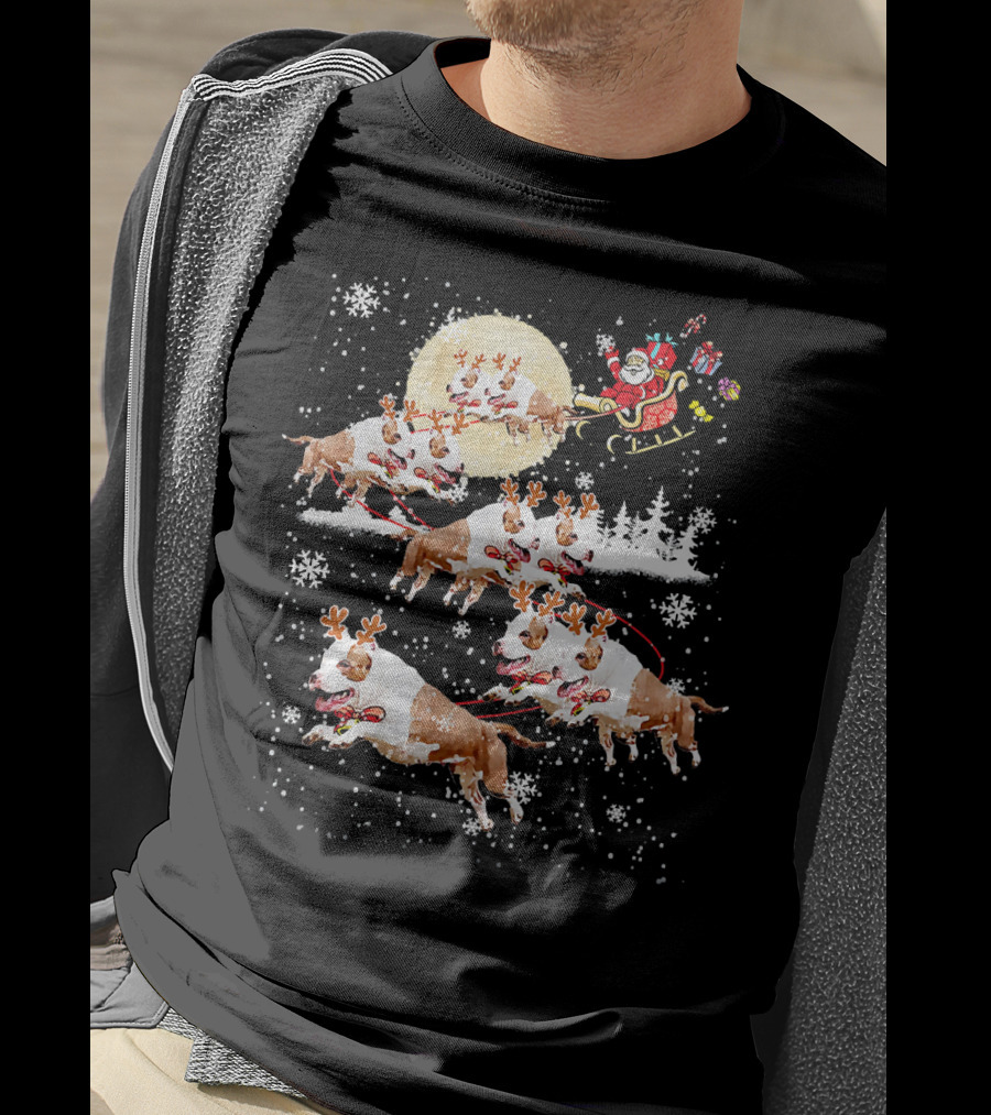 Santa's Christmas Pitbull Reindeer Sleigh Ride T-Shirt