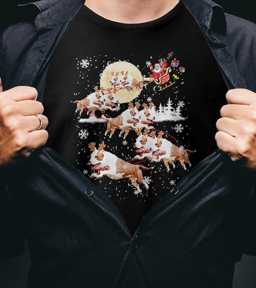 Santa's Christmas Pitbull Reindeer Sleigh Ride T-Shirt
