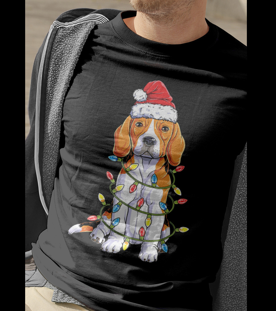 Beagle Wrapped In Christmas Lights With Santa Hat T-Shirt