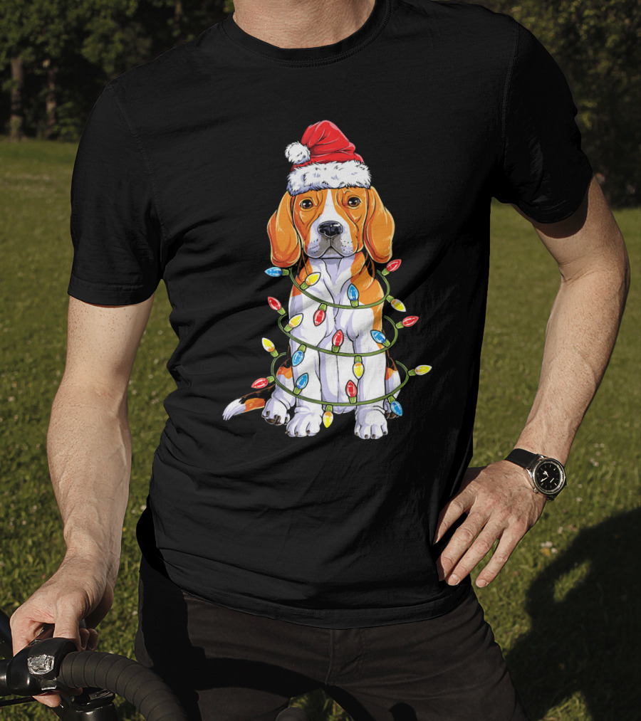 Beagle Wrapped In Christmas Lights With Santa Hat T-Shirt