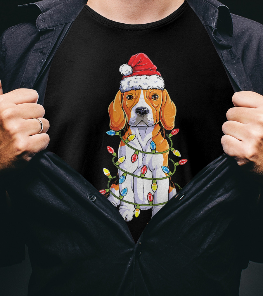 Beagle Wrapped In Christmas Lights With Santa Hat T-Shirt
