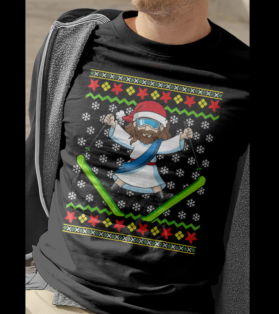 Ugly Christmas Kids Jesus Skiing Santa Hat Snowflakes T-Shirt