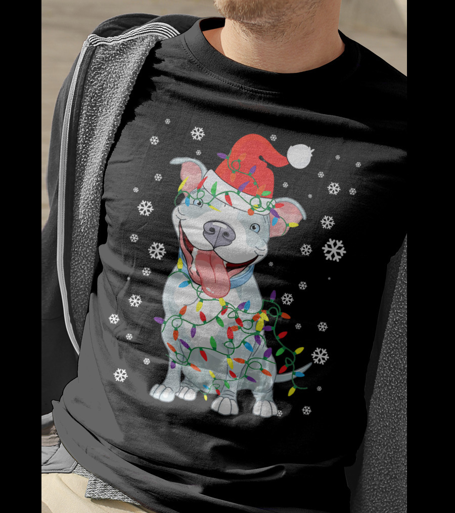 Pitbull Wrapped In Christmas Lights With Santa Hat And Snowflakes T-Shirt