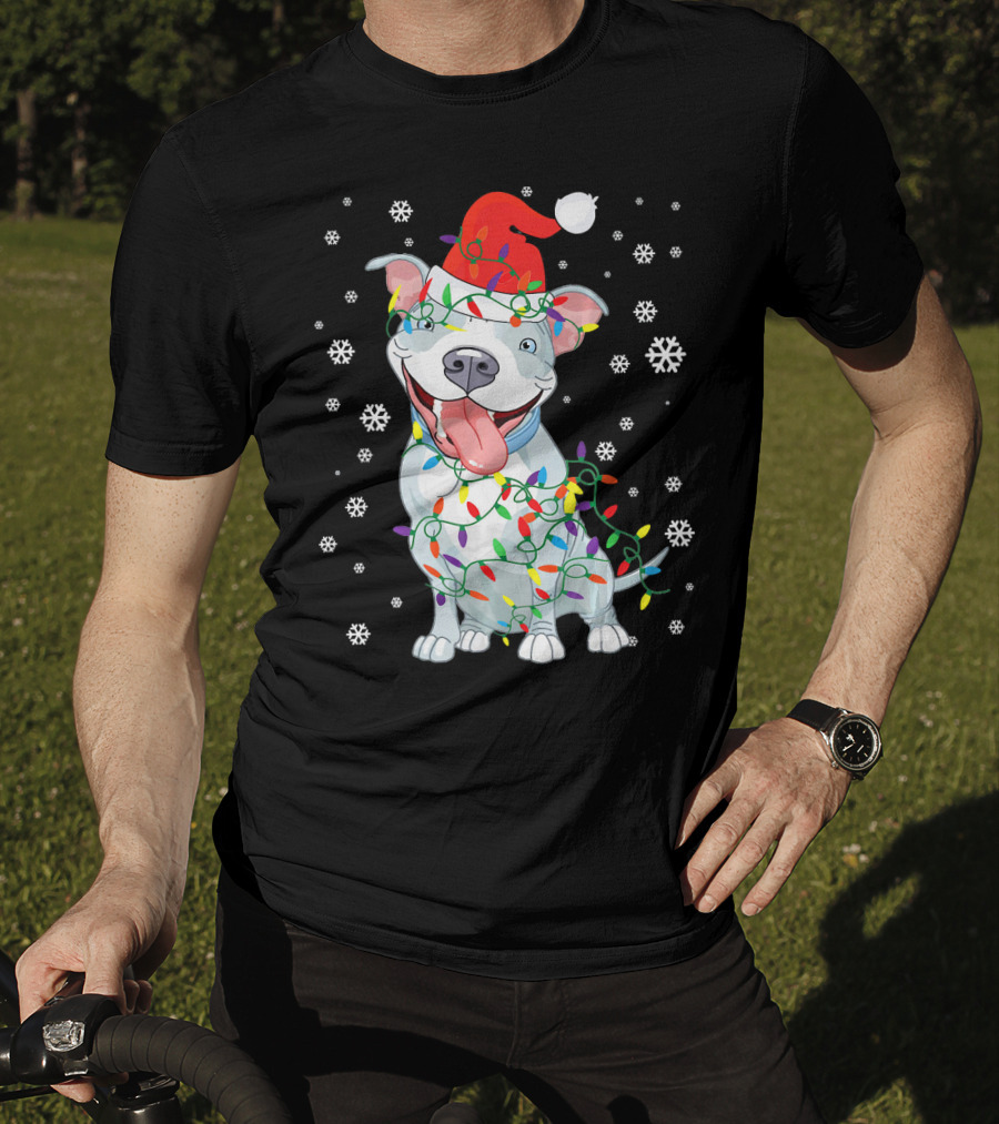 Pitbull Wrapped In Christmas Lights With Santa Hat And Snowflakes T-Shirt