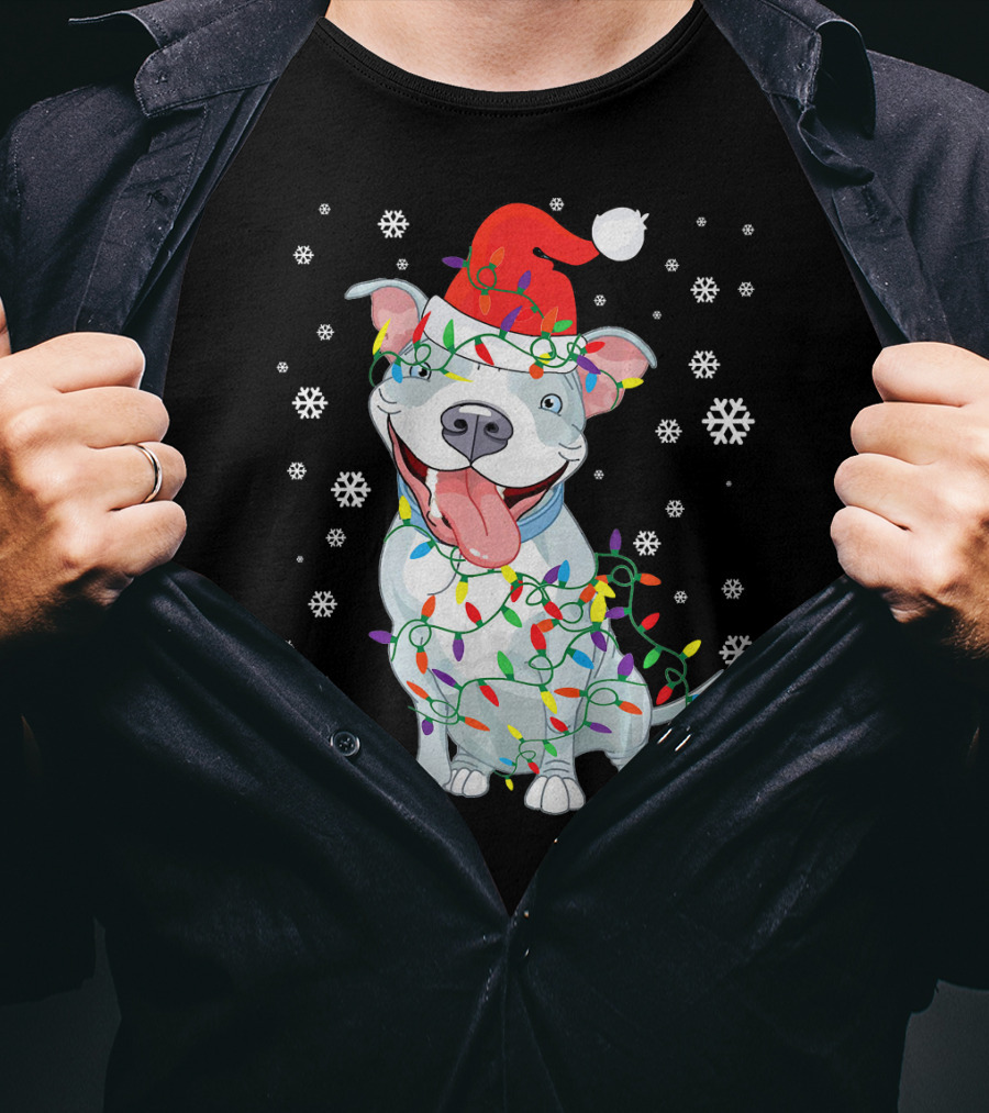 Pitbull Wrapped In Christmas Lights With Santa Hat And Snowflakes T-Shirt