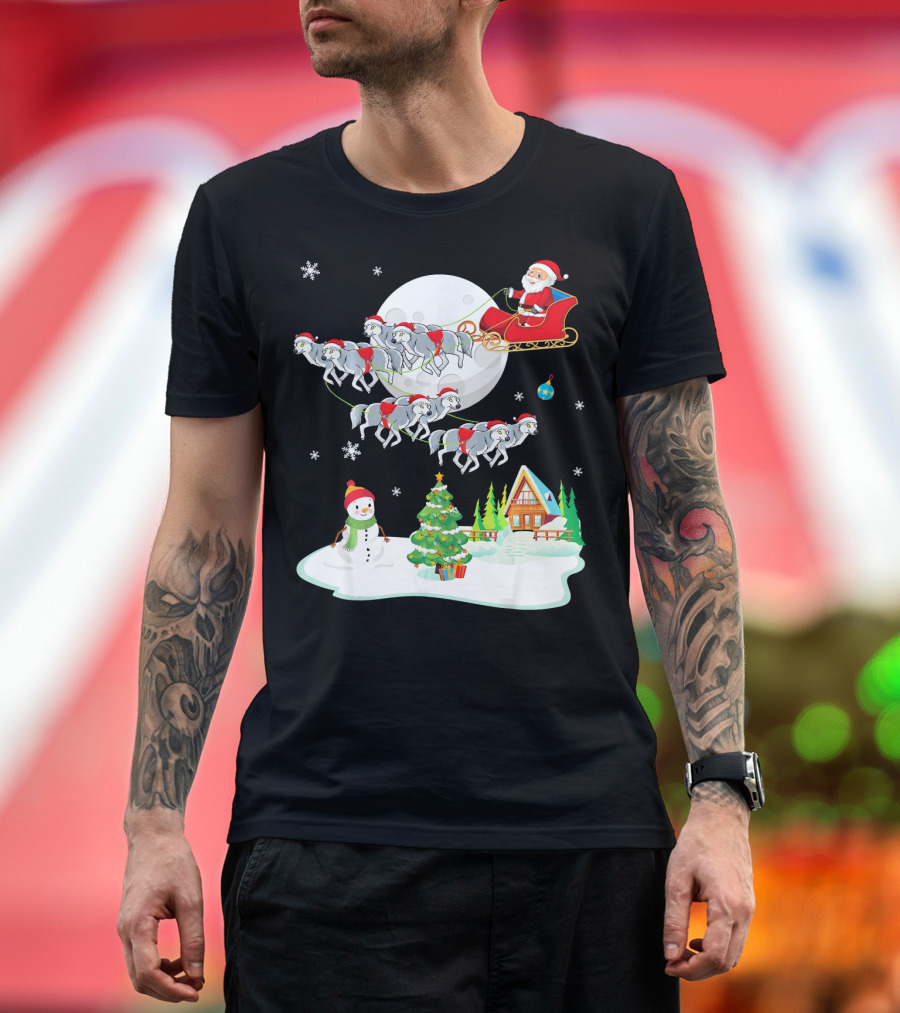 Santa Claus Sleigh Riding Over Snowman and Christmas Scene with Wolves T-Shirt