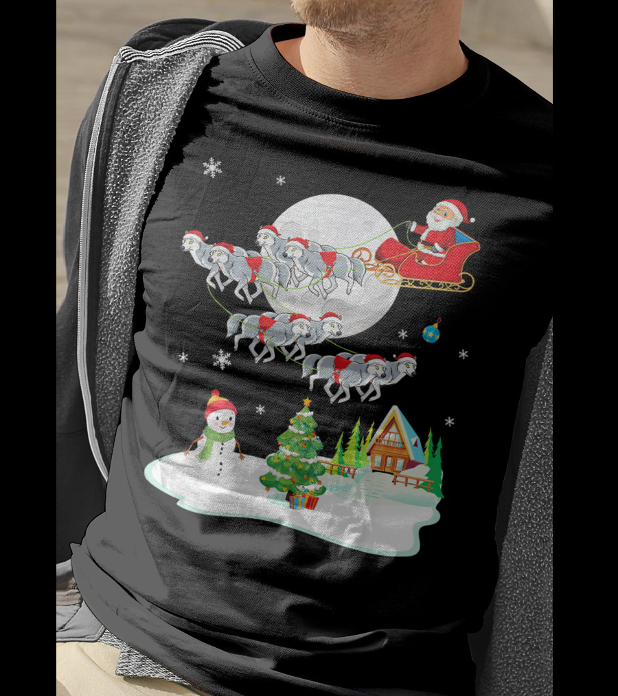 Santa Claus Sleigh Riding Over Snowman And Christmas Scene With Wolves T-Shirt