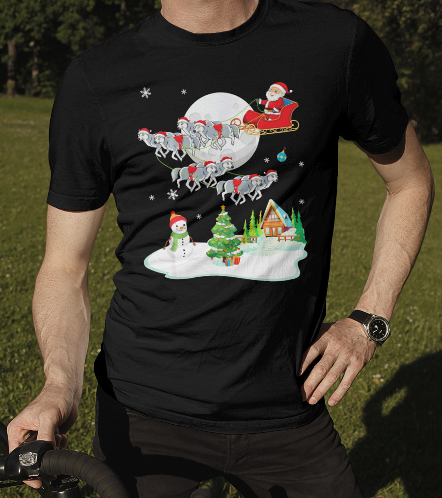 Santa Claus Sleigh Riding Over Snowman And Christmas Scene With Wolves T-Shirt