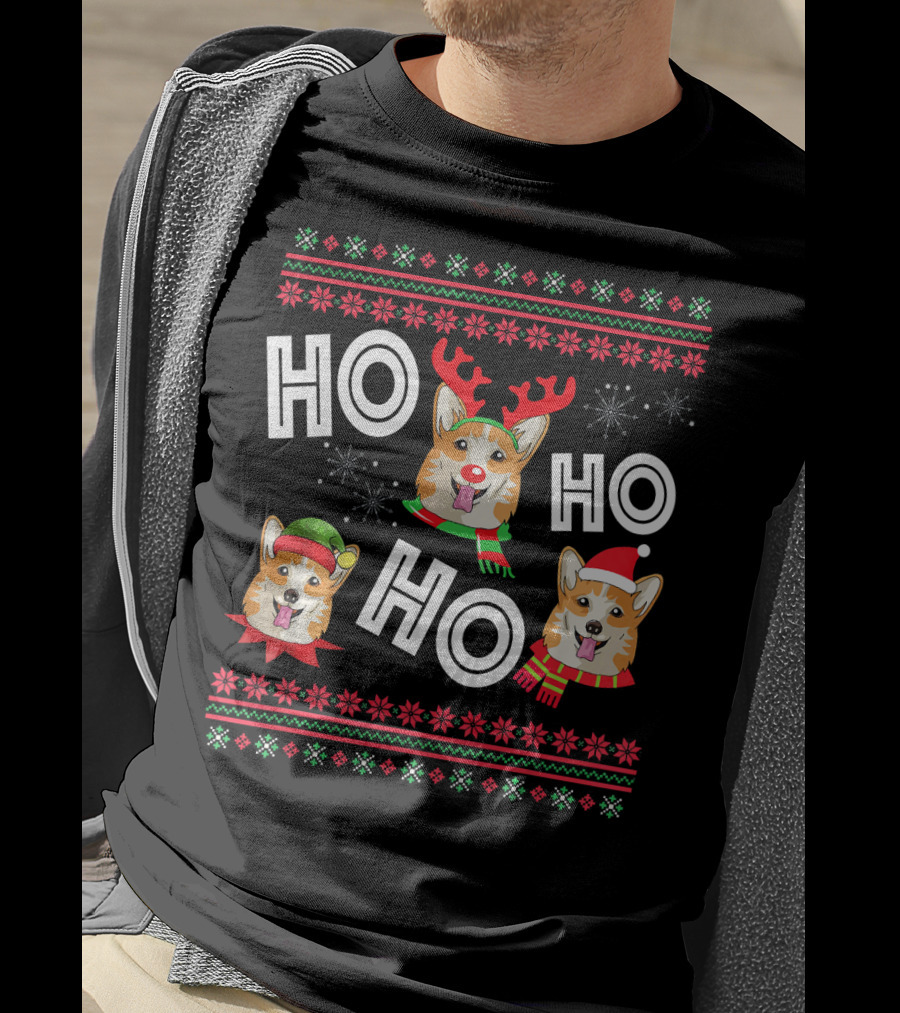 HO HO HO Corgi Funny Dog Reindeer Elf Santa Hats Snowflakes Christmas Holiday T-Shirt