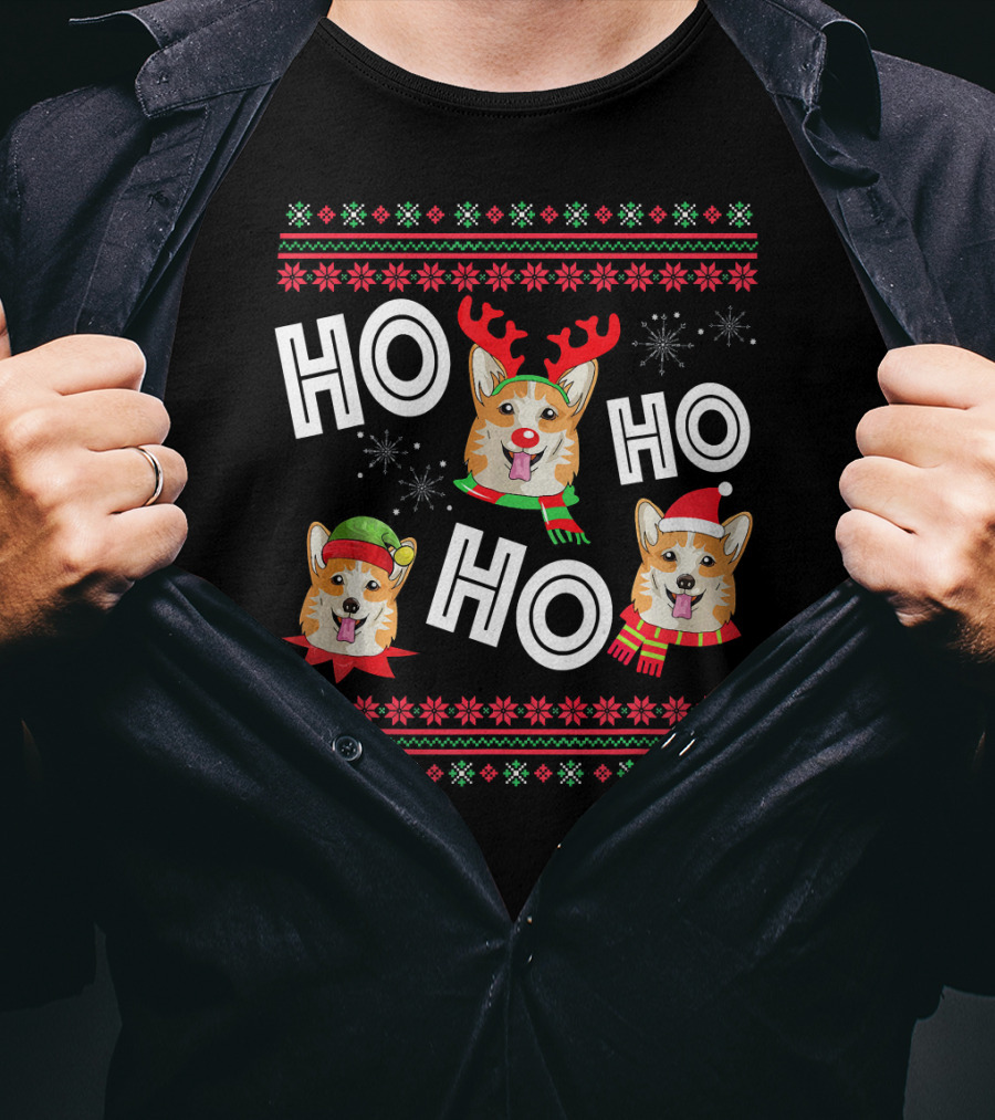 HO HO HO Corgi Funny Dog Reindeer Elf Santa Hats Snowflakes Christmas Holiday T-Shirt
