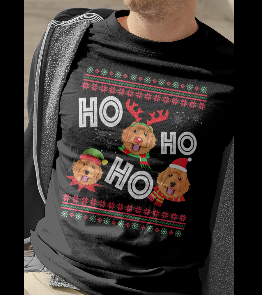 HO HO HO Golden Doodle Funny Dog Christmas Antlers Santa Hat Snowflakes T-Shirt