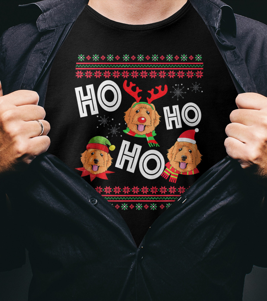 HO HO HO Golden Doodle Funny Dog Christmas Antlers Santa Hat Snowflakes T-Shirt