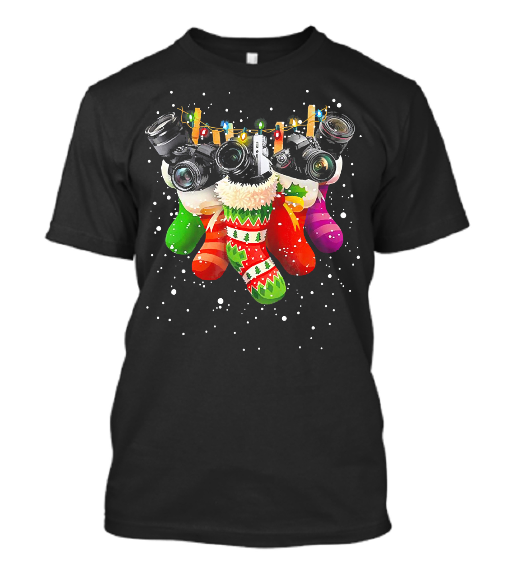 Christmas Stocking Cameras With Festive Lights For Photography Lovers T-Shirt