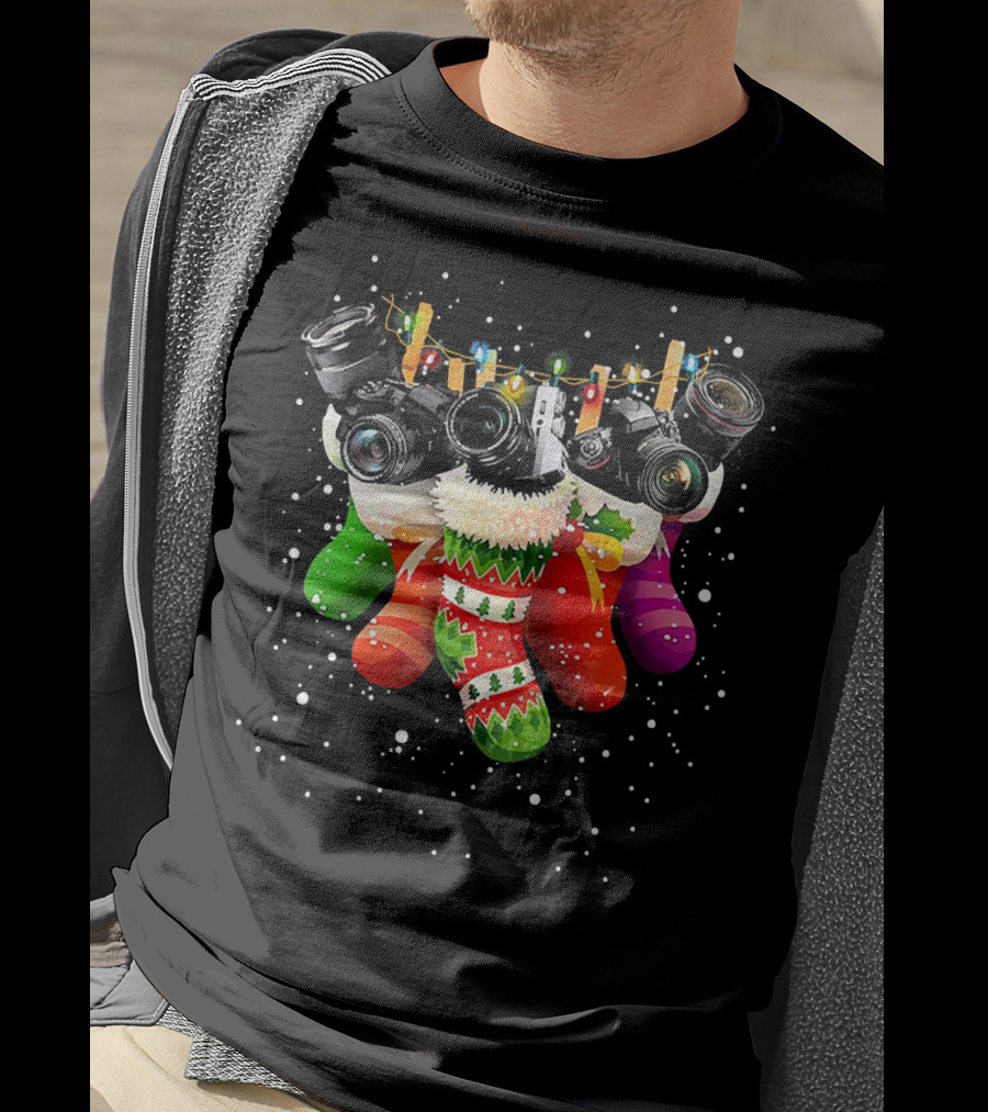Christmas Stocking Cameras With Festive Lights For Photography Lovers T-Shirt