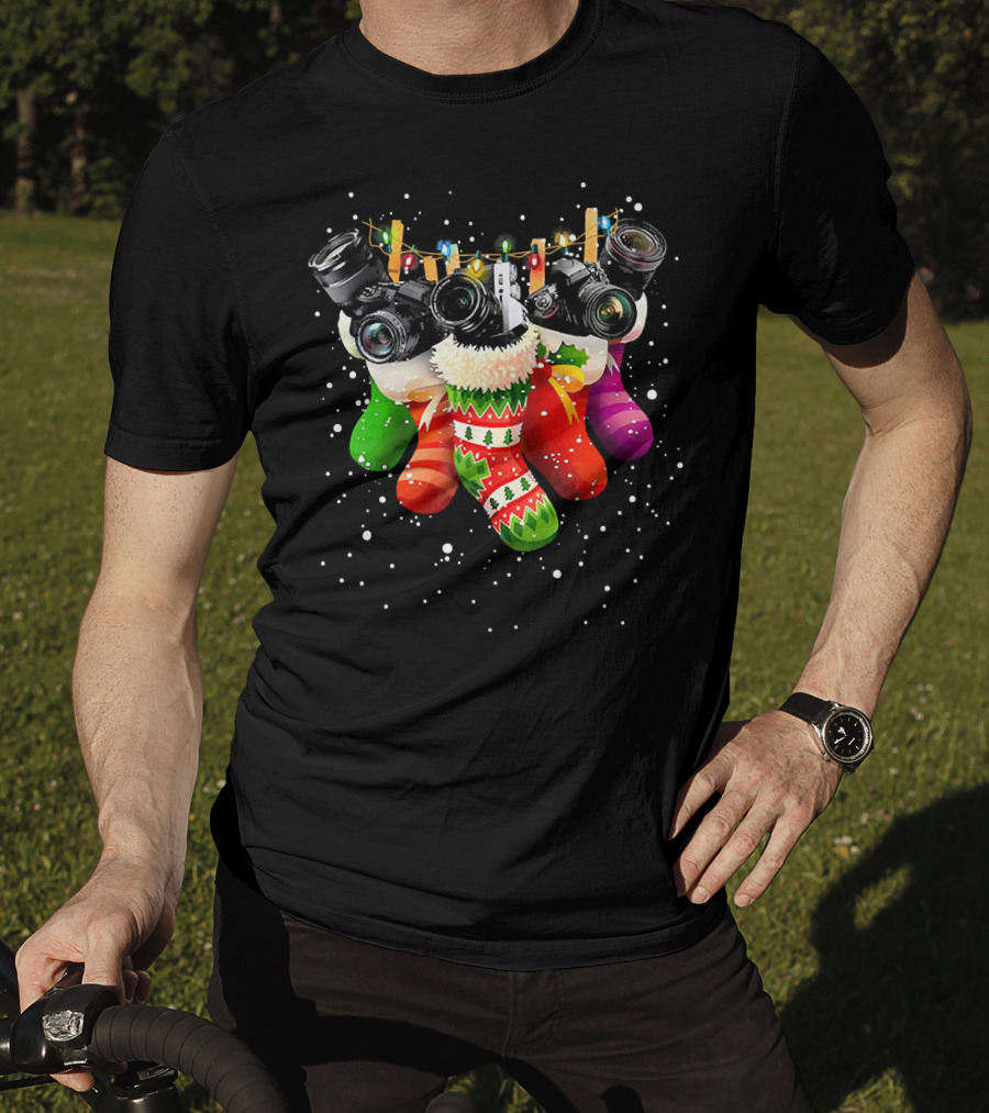 Christmas Stocking Cameras With Festive Lights For Photography Lovers T-Shirt