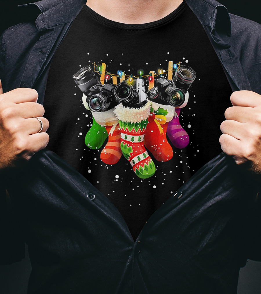Christmas Stocking Cameras With Festive Lights For Photography Lovers T-Shirt