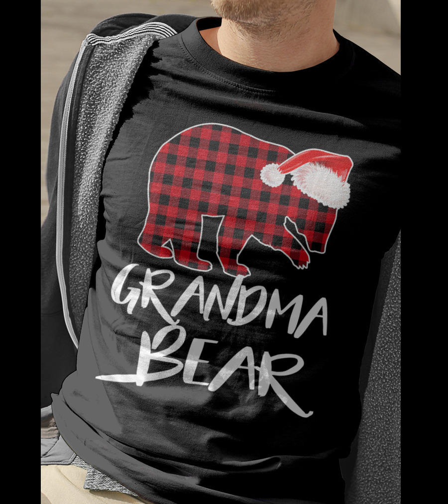 Grandma Bear Red Plaid Santa Hat T-Shirt