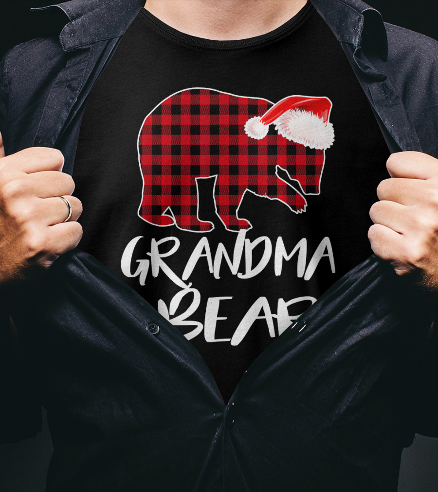 Grandma Bear Red Plaid Santa Hat T-Shirt