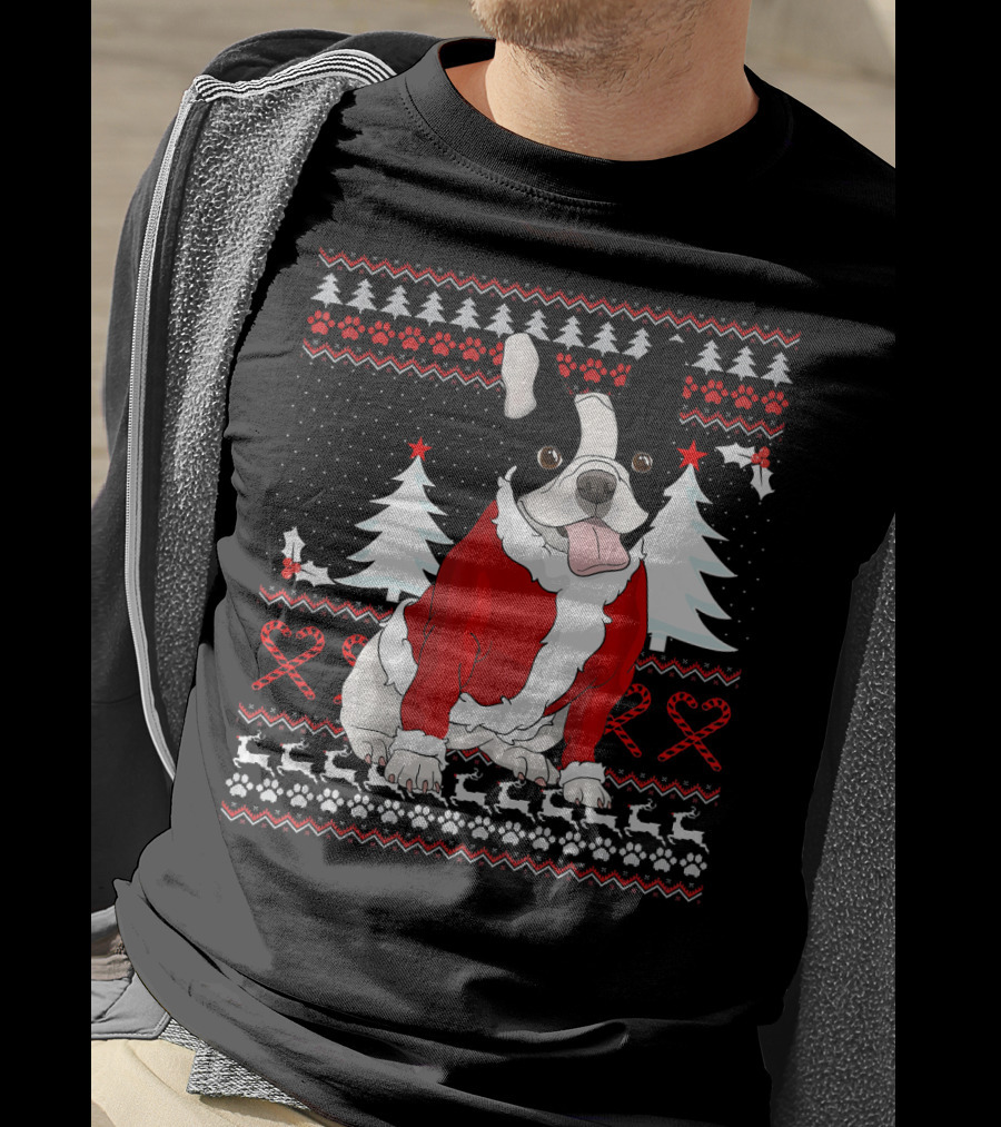 Cute French Bulldog Christmas Sweater With Santa Outfit And Holiday Trees T-Shirt