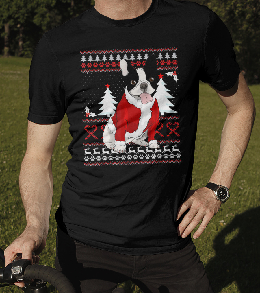 Cute French Bulldog Christmas Sweater With Santa Outfit And Holiday Trees T-Shirt