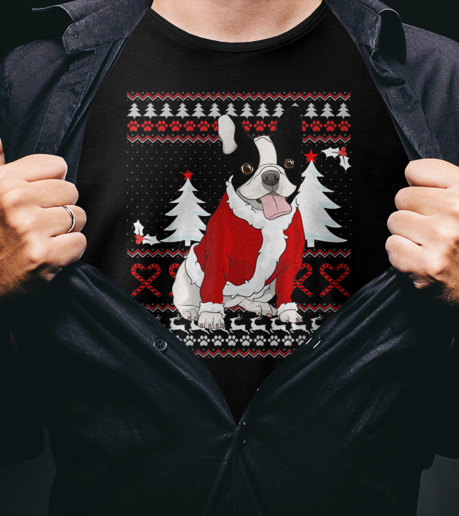 Cute French Bulldog Christmas Sweater With Santa Outfit And Holiday Trees T-Shirt