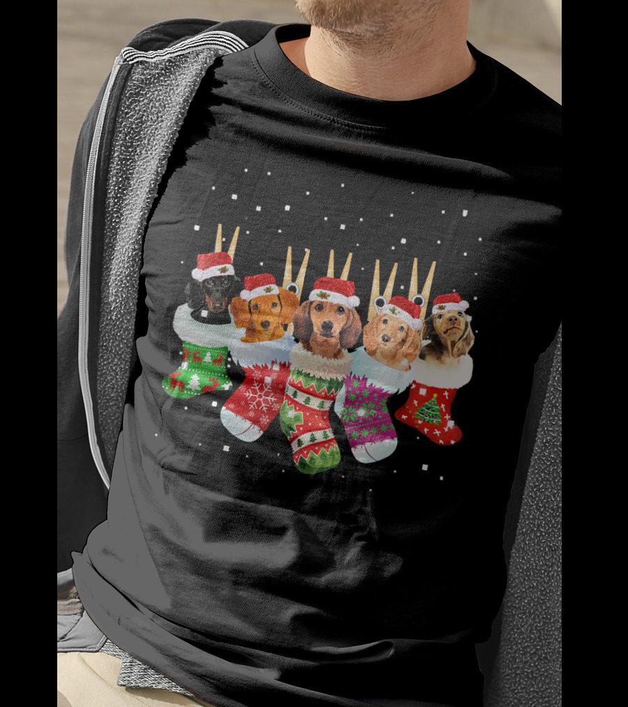 Christmas Socks Dachshund Santa Hats Snowflakes T-Shirt