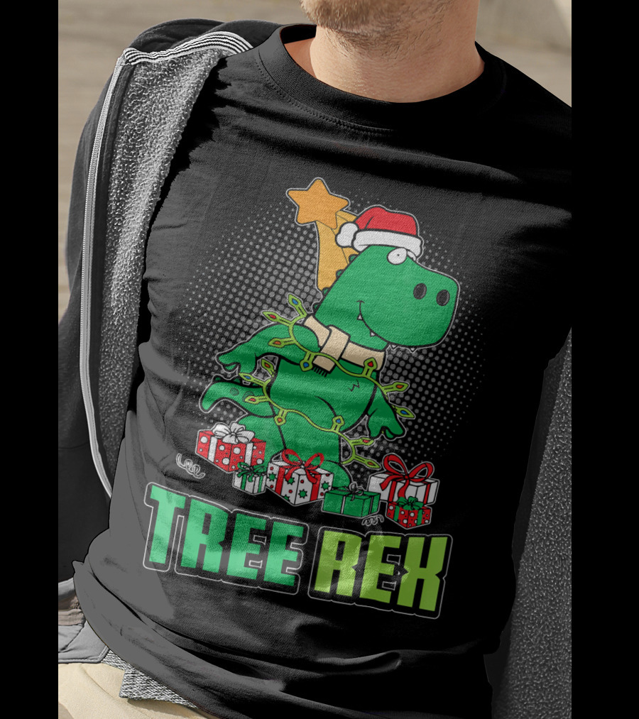 Tree Rex Funny Cute Christmas Dinosaur With Santa Hat And Gifts T-Shirt