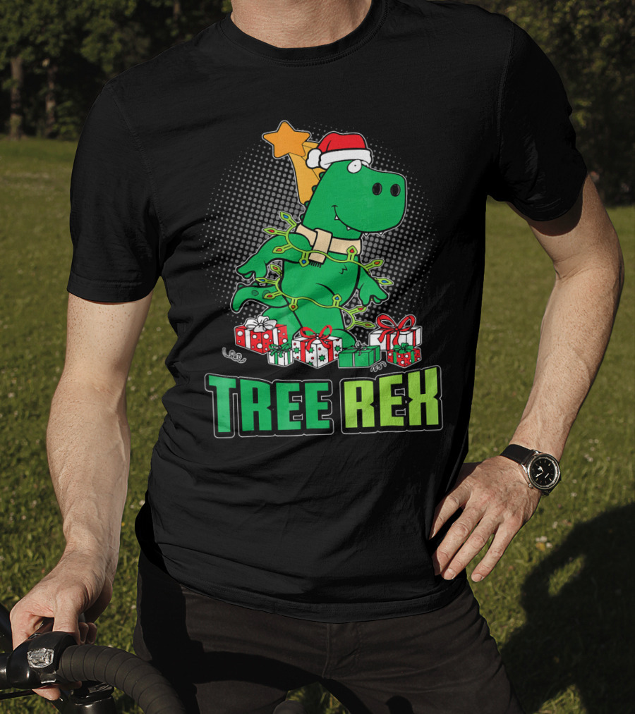 Tree Rex Funny Cute Christmas Dinosaur With Santa Hat And Gifts T-Shirt