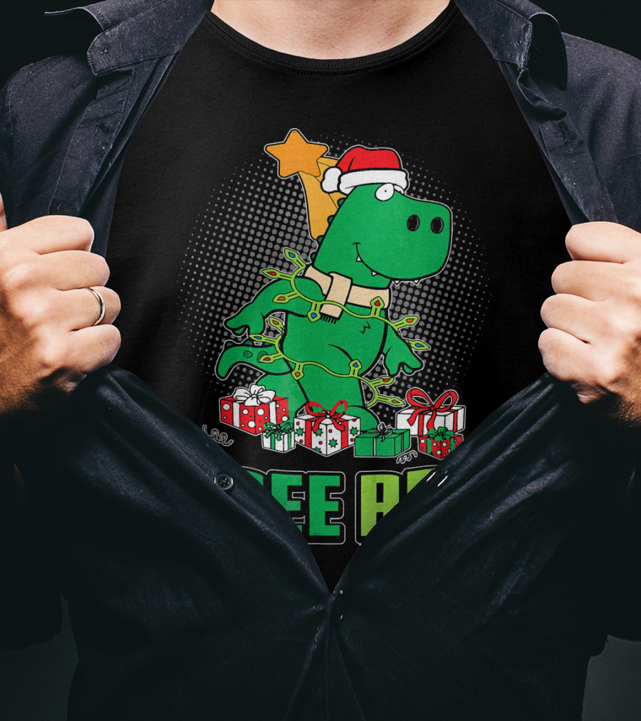 Tree Rex Funny Cute Christmas Dinosaur With Santa Hat And Gifts T-Shirt
