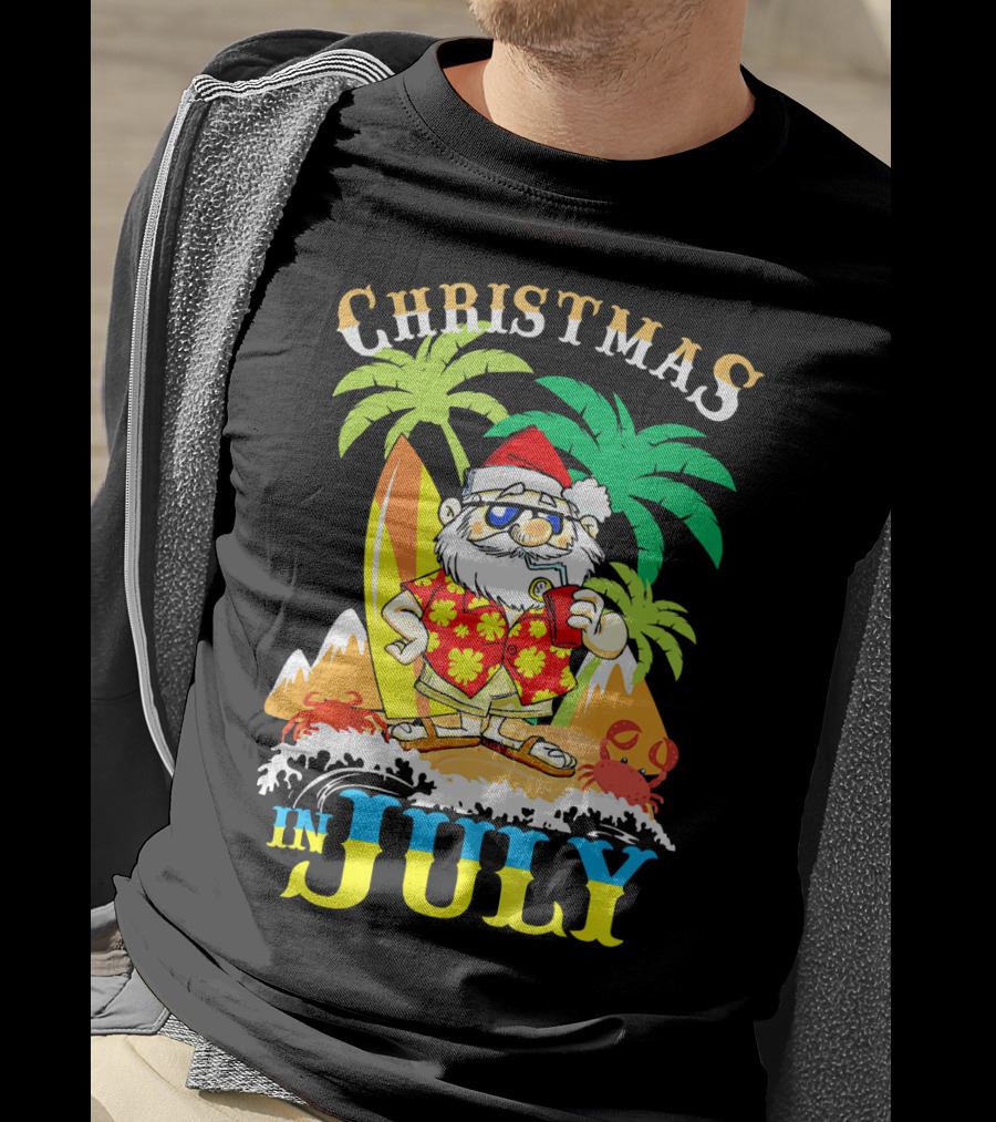 Christmas In July Santa Tropical Surf Vibes T-Shirt