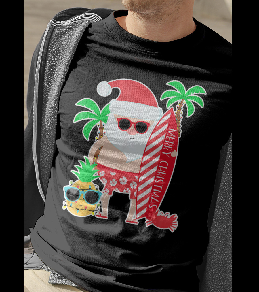 Merry Christmas Santa Surfing Hawaiian Pineapple Palm Trees T-Shirt