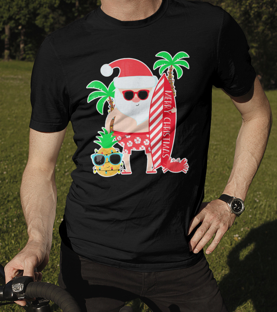 Merry Christmas Santa Surfing Hawaiian Pineapple Palm Trees T-Shirt