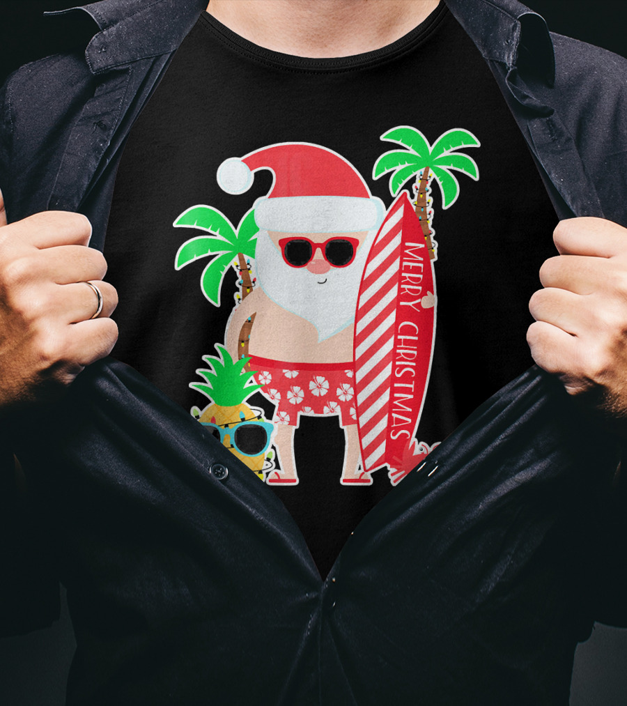 Merry Christmas Santa Surfing Hawaiian Pineapple Palm Trees T-Shirt