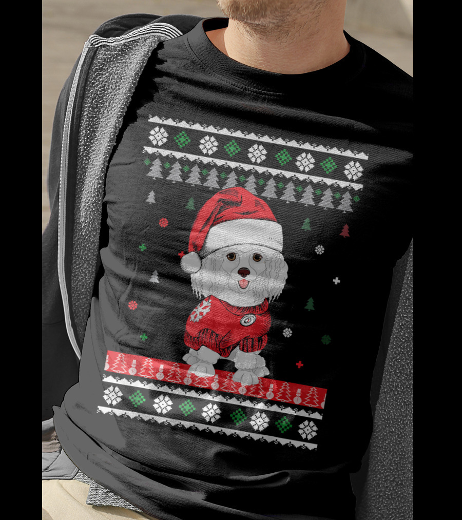 Cute Dog Standard Poodle Santa Hat Christmas Sweater Trees Snowflakes T-Shirt