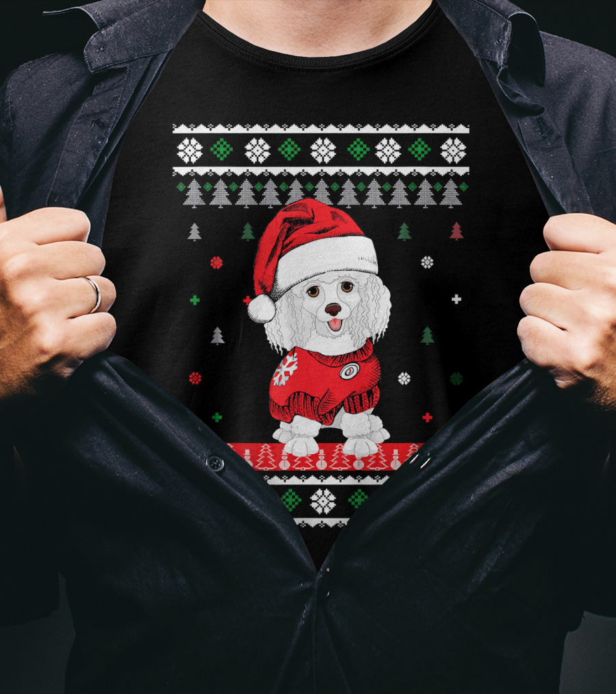 Cute Dog Standard Poodle Santa Hat Christmas Sweater Trees Snowflakes T-Shirt