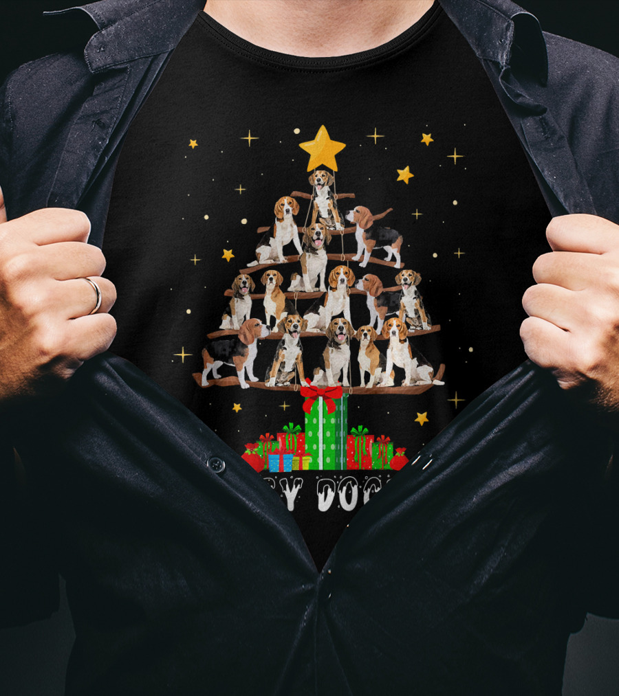 Merry Dogmas Beagle Puppies Christmas Tree With Gifts And Star T-Shirt