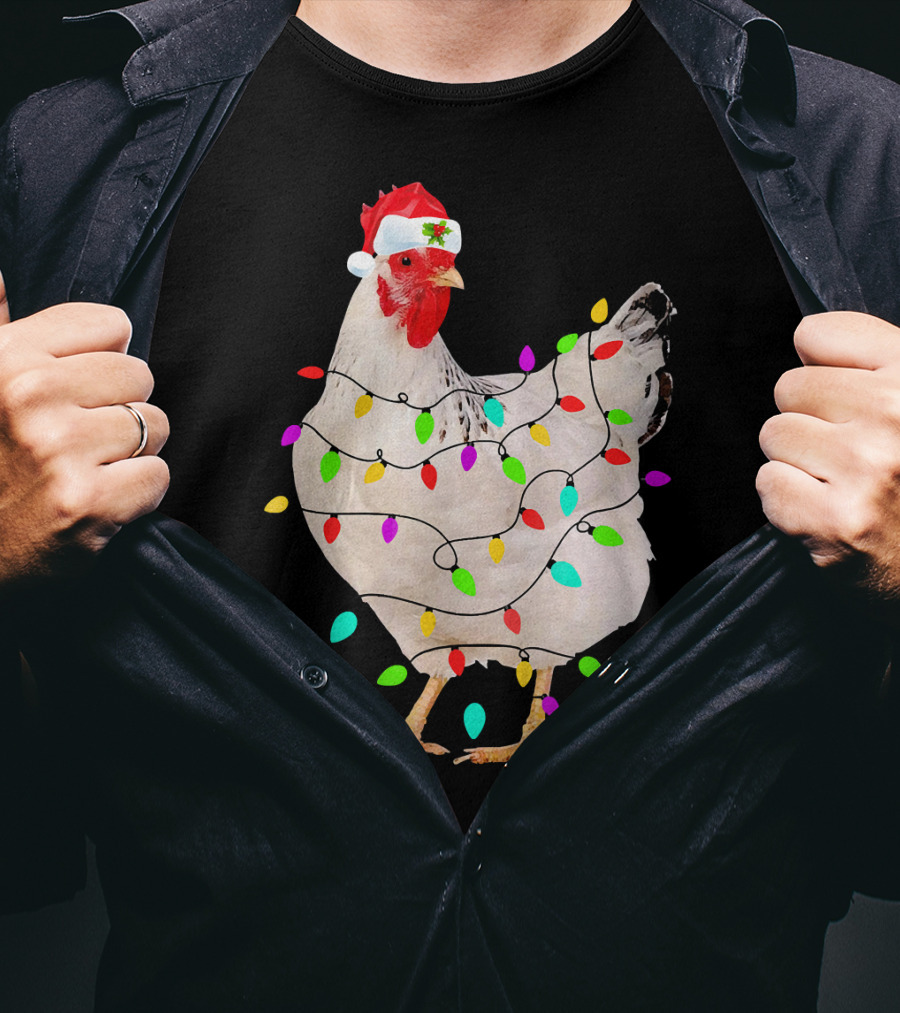 Chicken Christmas Light Funny Chicken Santa Hat Festive Holiday Decor T-Shirt