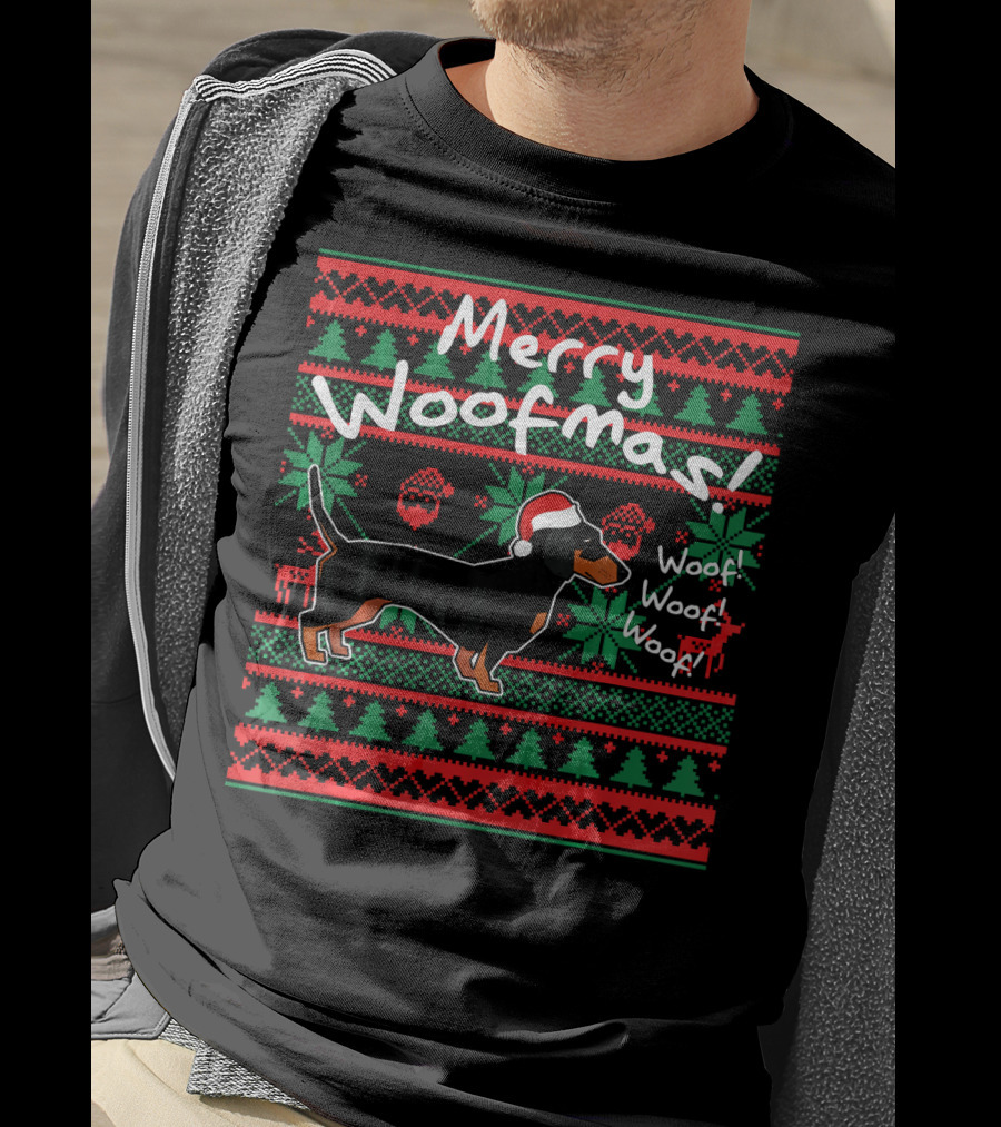 Merry Woofmas Dachshund Dog With Santa Hat Woof Woof Woof Christmas T-Shirt