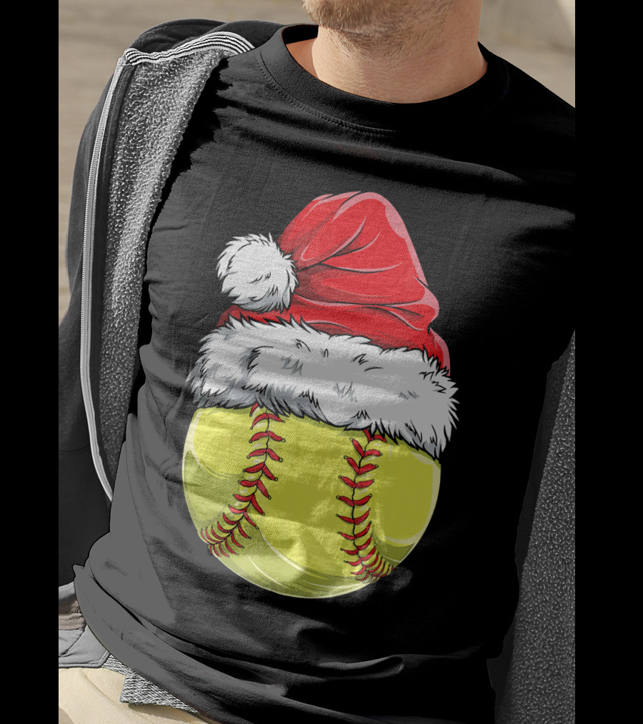 Santa Hat Softball Christmas T-Shirt