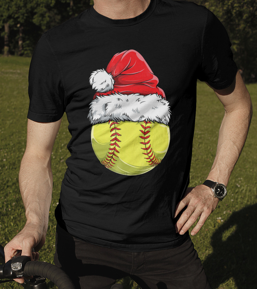 Santa Hat Softball Christmas T-Shirt