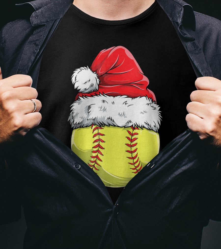 Santa Hat Softball Christmas T-Shirt