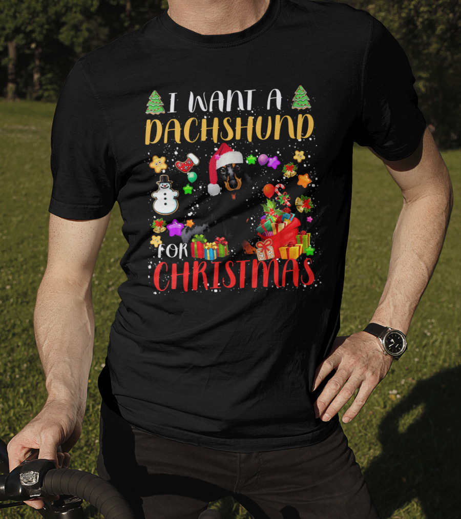 I Want A Dachshund For Christmas Santa Hat Presents Snowman T-Shirt