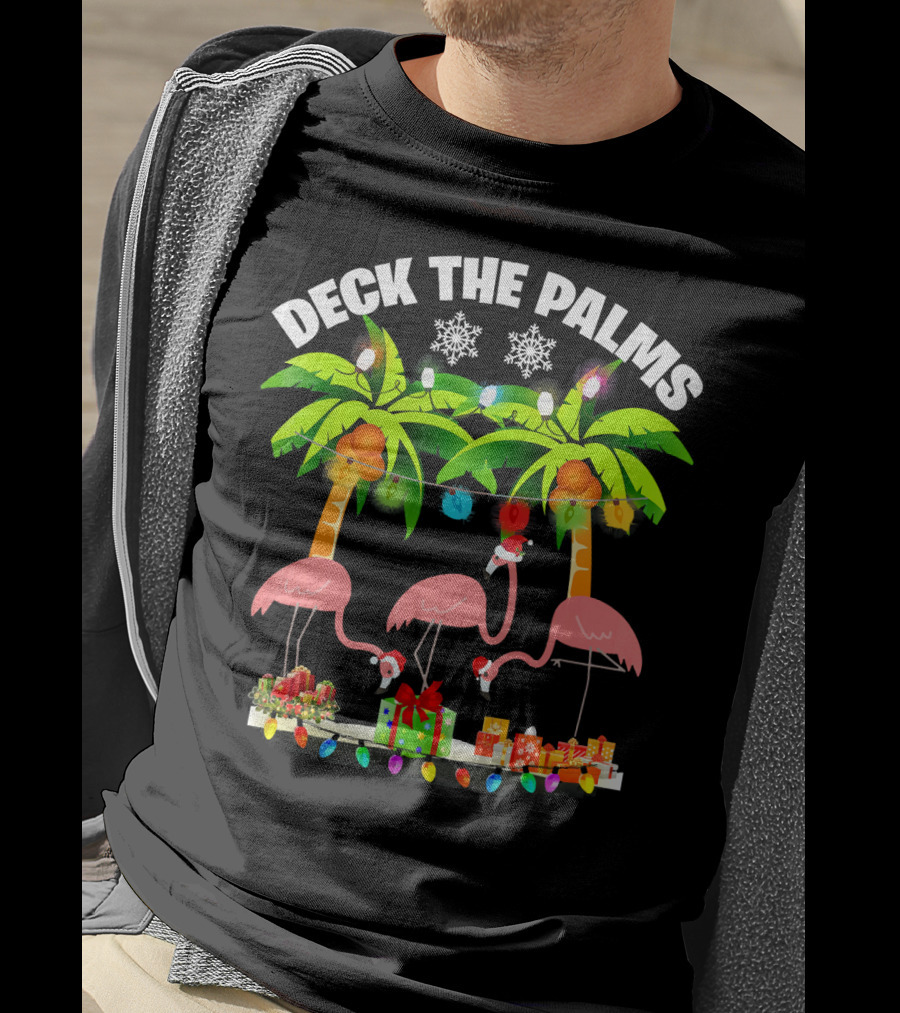 Deck The Palms Flamingo Christmas Lights And Gifts T-Shirt